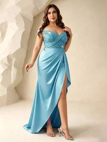 Coutiva Gaun Malam Formal Patchwork Payet Leher V Ukuran Besar (Hiasan Mewah) - Baby Blue - View 4