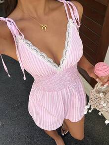 Sunnyshic Bộ quần áo liền quần ngắn nữ kiểu dáng ngọt ngào, thoải mái, phối ren kẻ sọc dọc, phong cách nghỉ dưỡng. - Hồng - Xem 5