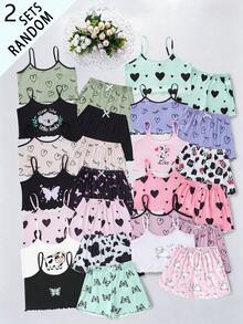 SHEIN Genkimix Kids 女童快乐图案短袖短裤吊带睡衣套装，适合秋季、冬季及所有季节 - 彩色 - 查看 2