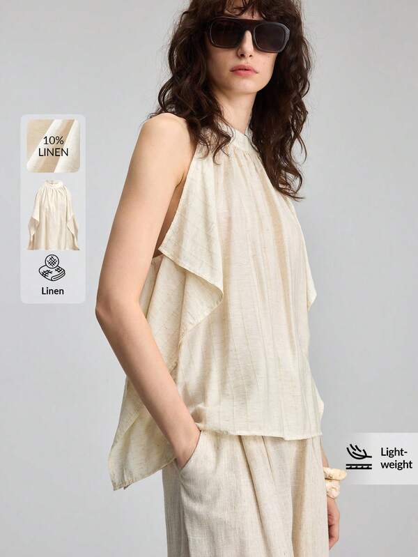 Ontre Áo tank top nữ không tay màu be nhạt chất liệu giả linen, áo cổ yếm dáng rộng thanh lịch cho mùa hè, phong cách hiện đại thường ngày, công sở, đi làm và du lịch