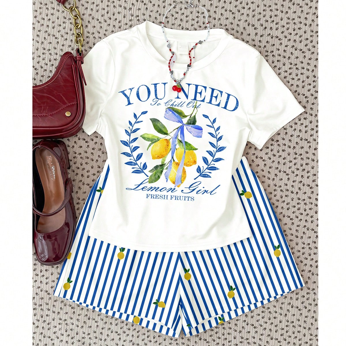 Set de 2 piezas para adolescentes: Camiseta de manga corta de cuello redondo holgada con estampado de lazo de limón retro dulce y pantalones cortos a