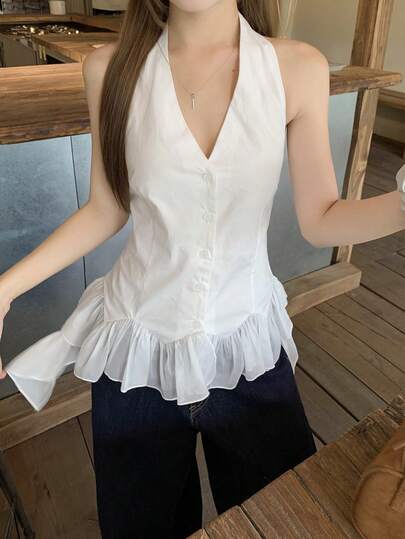 DAZY Women's Solid Color Asymmetrical Hem Halter Backless Casual Summer Tank Top