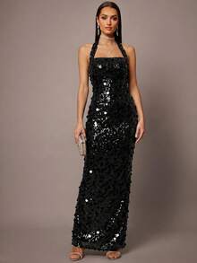 Silquee Sequin Strap Elegant Party Dress - Black - View 1