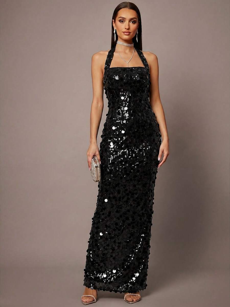 Silquee Sequin Strap Elegant Party Dress - Black - View 1