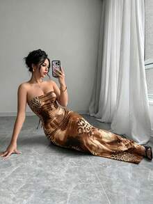 Vestido ajustado con estampado de leopardo, sin mangas, con espalda retorcida, hueco y cordones - Multicolor 2 - Ver 6