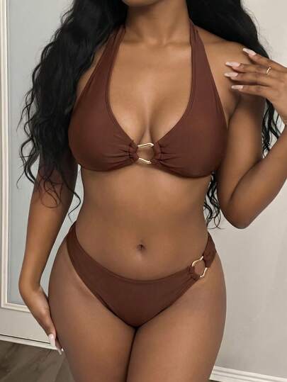 Maweii Conjunto de bikini de lencería sexy de talla grande para mujer con parte superior de un solo color a juego con tanga
