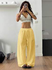Coolane Trang phục mùa hè dành cho nữ, thích hợp đi xem hòa nhạc, đi biển, phong cách boho cơ bản tối giản, quần trắng 100% cotton đã giặt, ống quần cong. - Màu vàng - Xem 5