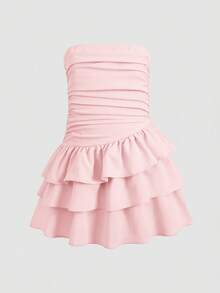 SHEIN Tween Girls' Summer Casual Vacation Minimalist Comfortable Layered Ruffle Trim Tube Top Dress - Pink - View 6