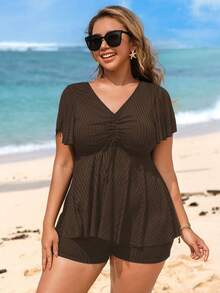 Swim Lushoire Conjunto de tankini de 2 piezas con cordón delantero y tela acanalada de unicolor en talla, para la playa y el verano - Marrón - Ver 3
