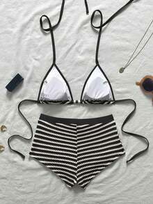 Swim Vcay Conjunto de traje de baño para mujer con top triangular a rayas y calzones de cintura alta, nueva colección Primavera/Verano 2026 - Blanco y Negro - Ver 3