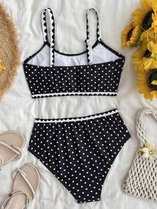 Bộ bikini dệt kim chấm bi 2 mảnh dành cho bé gái tuổi teen, đồ bơi kiểu Mỹ cổ điển, mùa xuân/hè. - Đen và trắng - Xem 2