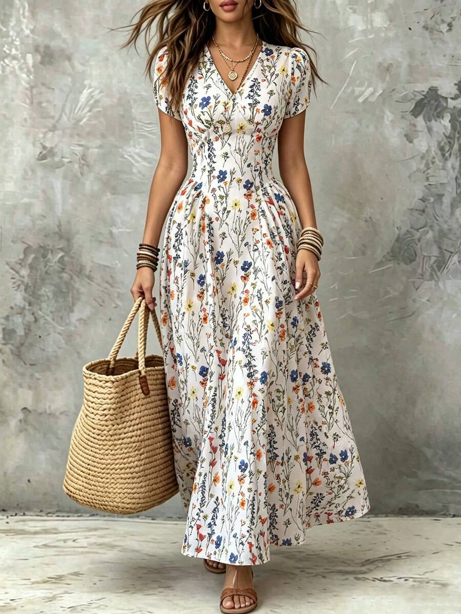 Franclia Đầm nữ thanh lịch in hoa, cổ chữ V, tay bồng, thích hợp cho kỳ nghỉ. - Nhiều màu - Xem 1