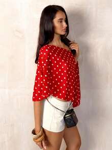 TRNVIE Blusa asimétrica de hombro de malla con lunares negros para mujer, primavera/verano - Rojo - Ver 3