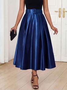Fleurora Women's Elegant Solid Color Pleated Skirt, Suitable For Parties Carnival Women Carnival Costume Carnival Women Carnival Costume For Women Summer Dress Party Elegant Party Dresses Winter Dress Formal Dresses For Women Festival Outfits For Women Elegant Dresses For Women - Navy Blue - View 5