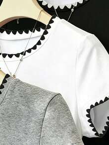 3pcs/Set Teenage Girls' Contrast Ruffle Print Round Neck T-Shirts, High Stretch Slim Fit Basic Tops For Daily Wear, Classic Black White Grey Colors - Multicolor - View 4
