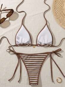 Swim Mod Women's New Solid Color Triangle Cup Bikini Set, Sexy Tie-Up Contrast Color Swimwear 2 Pieces - Brown - View 2