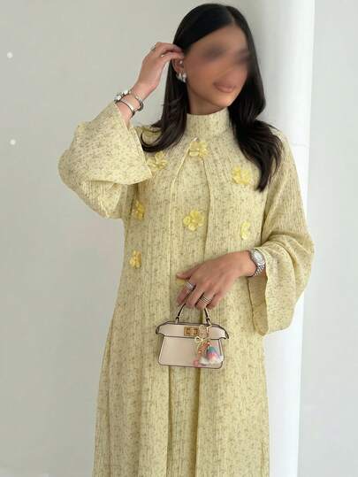 Yasmyna Women's Spring/Summer Yellow Woven Textured Floral Print Long Sleeve Stand Collar Elegant Romantic Arabic Dress Yellow Floral Appliqué Abaya-Style Maxi Dress High Stand-Up Collar Subtle Ditsy Floral Print 3D Floral Appliqué Details Crinkled Textured Fabric Light Yellow Modest Elegant Abaya Chic Spring & Summer Garden Parties & Afternoon Tea Religious Events & Church Wear Vacation Modest Women (Middle East & Global)