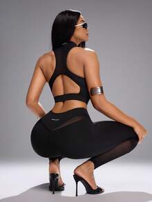 Innovista Letter Print Zipper Tight Backless Summer Sports Tank Top - Black - View 7
