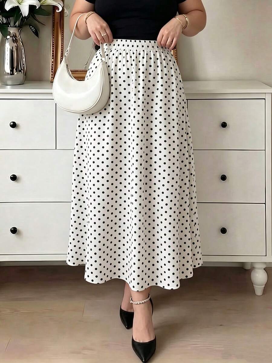 Modelyn Elegant Casual Printed Drawstring Waist Loose A-Line Plus Size Women Polka Dot Skirt, Spring/Summer - Multicolor - View 1