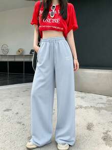 DAZY Pantalones con diseño de cordón y bordado de letras para mujer - Azul - Ver 3