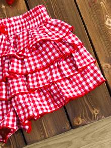Set 2pcs/Set Kaos Kasual Rajut Warna Polos Kerah Bulat dan Celana Pendek Kotak-kotak untuk Anak Perempuan, - Merah - View 5