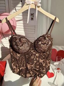 Comfortcana Plus Size Sexy Lace Sheer Camisole, Suitable For Party And Valentine's Day, Spring/Summer Lace Spaghetti Strap Top, Coffee Brown - Coffee Brown - View 10