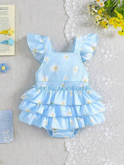 SHEIN 1pc Baby Girls' Blue Sunflower Print Ruffle Sleeve Romper With Pinafore Skirt, Casual Cute Fresh Sweet Elegant Forest Style, Suitable For Summer Daily Outings, Travel, Shopping, Photography, Park, Party And Other Occasions