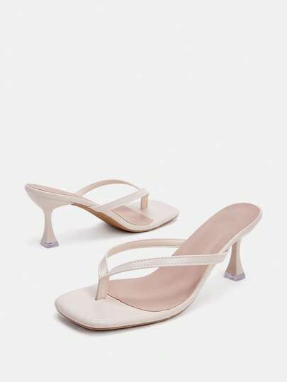 Glitzique Women High Heel Sandals, Beige Summer Fashion Thong Slippers, Sexy Elegant Kitten Heel Formal Party Shoes, Classic Minimalist Striped Strap Design Ladies Stiletto Sandals, Suitable For Dresses, Daily Wear, Back To School
