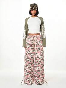 SUMWON WOMEN Pantalones cargo de camuflaje de tiro bajo con paracaídas, con adornos de perlas y rhinestones, pantalones anchos con cordón - Rosa - Ver 3