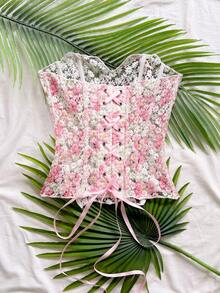 Soleia 年輕性感前衛花卉蕾絲雙層修身魚骨束胸 Bustier，鏤空刺繡塑身衣，無墊肩，復古音樂節派對穿搭，適合熱帶度假、約會、下午茶、海灘郵輪度假、公路旅行城市度假、派對、波希米亞、嬉皮、西部、嘉年華風 - 淺粉色 - 查看 2