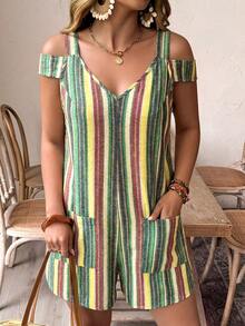 EMERY ROSE Plus Size Women V-Neck Sleeveless Off Shoulder Textured Striped Fabric Pocket Jumpsuit, Casual Boho Holiday Wear Vacation Light Green Summer - Green - View 1