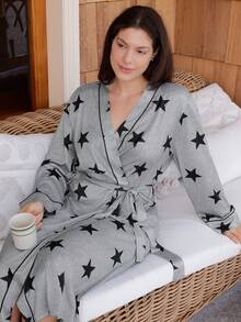 Doze Lane Plus Size American Casual Star Print V-Neck Short Sleeve Robe For Women - Grey - View 5