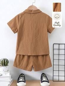 Souflis Souflis Setelan Kemeja dan Celana Pendek Polos untuk Anak Laki-Laki, Bahan Katun, Tanpa Kaos, Liburan Musim Panas - Coffee Brown - View 2