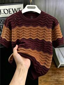 EGENSIO Men's Contrast Color Round Neck Short Sleeve Hollow Out Knit Top - Champagne - View 7