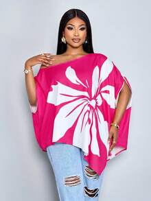 SOLERSUN Women's Plus Size Elegant Pink Floral Summer Blouse, Loose One-Shoulder Asymmetrical Hem Slanted Collar Drawstring Tie-Waist Casual Fashion Top - Hot Pink - View 6