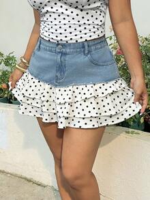 GalTyme 大码波点印花多层不对称口袋休闲牛仔裙 夏季嘉年华服装 通勤 度假 毕业季 时尚 Y2K 可爱 街头风 俏皮 派对 婚礼 优雅 商务休闲 女士 商务 海滩 毕业典礼 女士牛仔荷叶边短裤 波点层叠设计 高腰休闲夏季短裤 - 藍色 - 查看 4