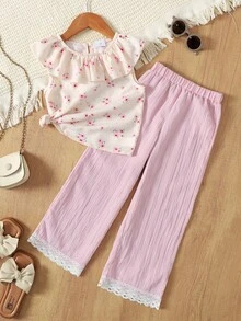SHEIN Bộ đồ 2 món cho bé gái: áo và quần ống rộng bằng vải chiffon họa tiết hoa nhí xếp nếp. - Nhiều màu - Xem 8