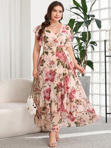 SHEIN Clasi 大码女式碎花荷叶袖优雅连衣裙 - 彩色 - 查看 8