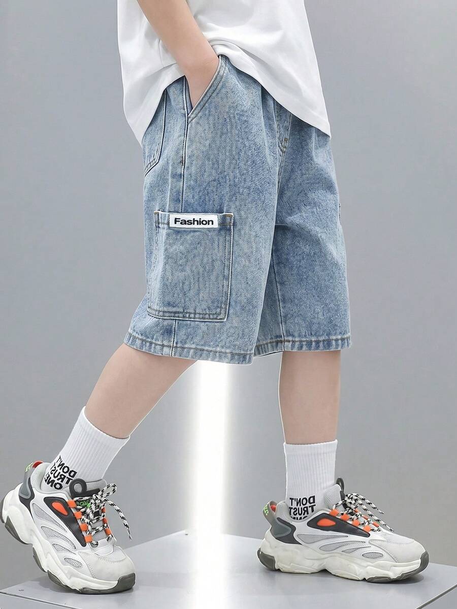 青少年男孩時尚休閒 Y2K 復古酷感街頭學院風 簡約舒適 淺藍色寬鬆尖頂口袋短牛仔褲 日常穿著 春夏電音節慶街頭風 - 藍色 - 查看 1