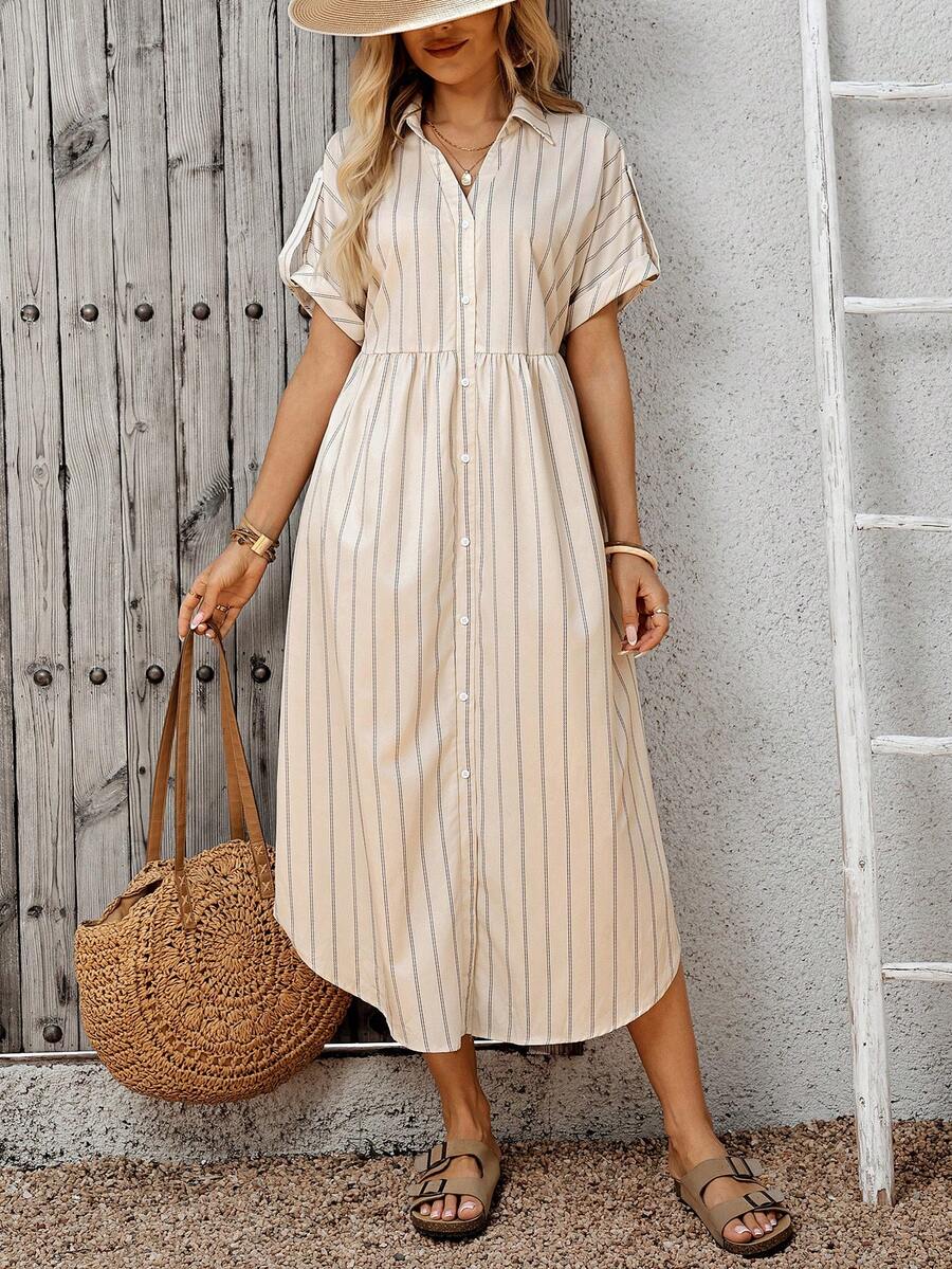 EMERY ROSE Vestido camisero casual de mujer de manga corta con rayas y abotonadura sencilla - Multicolor - Ver 1