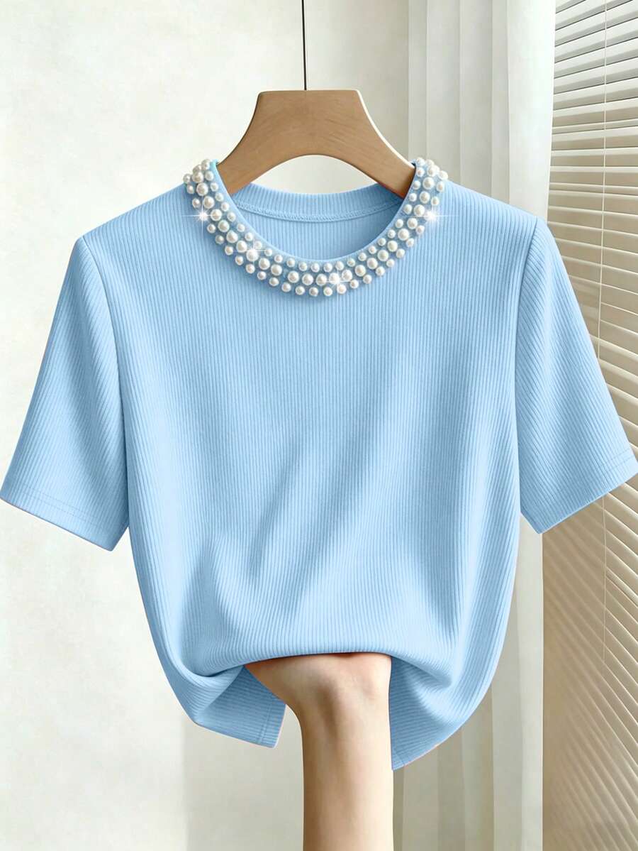 Franclia Elegant Fitted Round Neck Beaded Ribbed Short Sleeve T-Shirt For Women - Blue - View 1