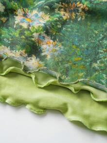SHEIN 儿童少女复古绿色油画植物印花网纱两件套，美人鱼裙套装 – 非常适合度假、野餐、派对和节日活动。绿色两件套，少女绿色夏季套装，印花裙套装，度假绿色套装，夏季服装。 - 綠色 - 查看 6