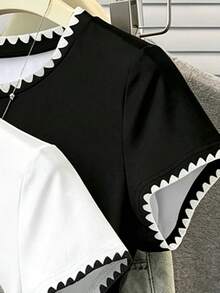 3pcs/Set Teenage Girls' Contrast Ruffle Print Round Neck T-Shirts, High Stretch Slim Fit Basic Tops For Daily Wear, Classic Black White Grey Colors - Multicolor - View 5
