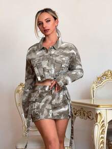 Jeta Ari Ladies' Camouflage Printed & Utility Style Denim Skirt Casual Vacation - Grey - View 3