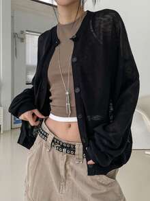 DAZY 女款寬鬆版型純色長袖薄針織開襟衫，休閒度假風，適合夏季校園穿搭 - 黑色 - 查看 1