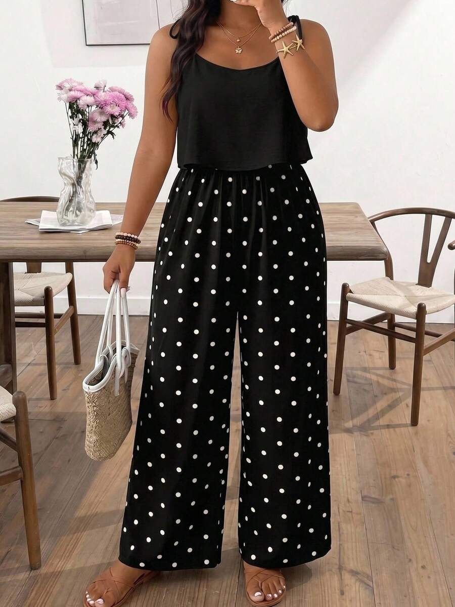 SHEIN Frenchy Plus Size Women's Retro Polka Dot Contrast Color Casual Jumpsuit, Suitable For Summer - Multicolor - View 1