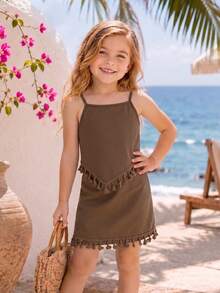 SHEIN Elladie kids Bộ đồ 2 món cho bé gái (cỡ nhỏ): Áo hai dây vạt lệch và chân váy tua rua. - Cà phê nâu - Xem 8