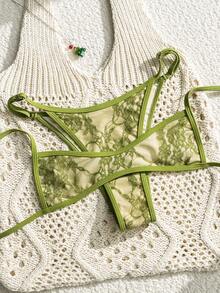 Swim Vcay 2026夏季新款橄欖綠蕾絲透視套裝 - 花卉網格細肩帶比基尼/內衣兩件組，優雅度假海灘休閒泳裝 - 綠色 - 查看 1
