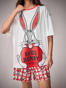 LOONEY TUNES X SHEIN Bộ đồ ngủ nữ in hình hoạt hình, tay ngắn và quần short, kiểu dáng thường ngày, thích hợp mặc ở nhà. - Đỏ và trắng - Xem 3