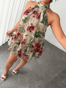 Elenzga Plus Size Women's Elegant Beige Summer Boho Vacation Holiday Chiffon Jacquard Double-Layer Sleeveless Bubble Hem Dress With Tie For Party Wedding - Apricot - View 8